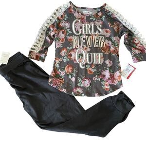 Knitworks Girls Matching Floral Top with Butterfly Accent and Lounge Pants XL